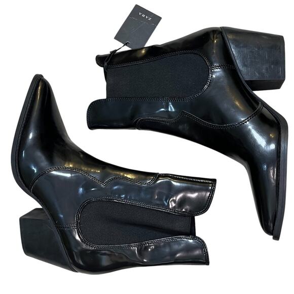 Zara Patent Vegan Leather Slip On Block Heeled Pointed Toe Boots Size 8 NWT - Picture 8 of 8